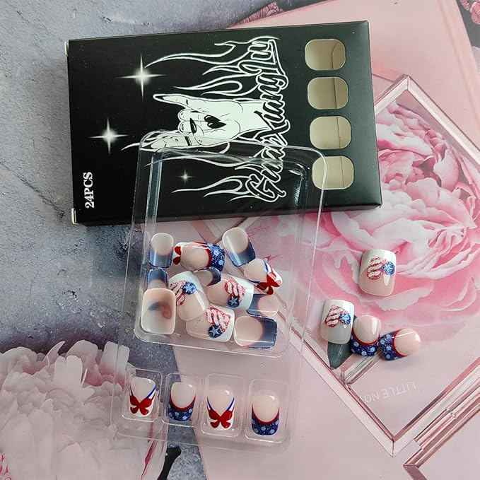 24Pcs Independence Day Press on Nails Short French Tip Fake Nails 4th of July Glue on Nails Glitter Heart American Flag Acrylic Nails Bow Nails Tip Cute False Nails Patriotic Stick on Artificial Nails