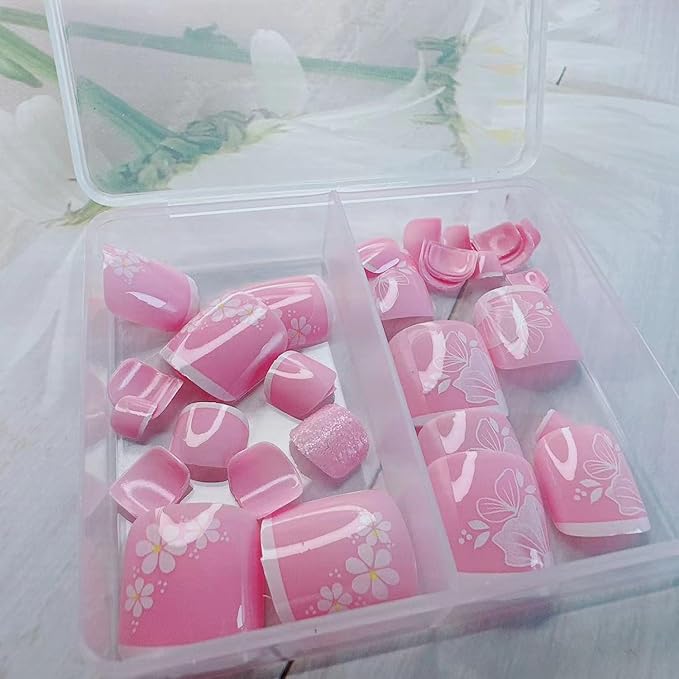 White Flower Press on Toenails Short Square French Tip Press on Flowers Fake Toenails with Floral Designs Glossy Pink Full Cover False Toenails Cute Toe Nails Press ons Acrylic Set for Women 48Pcs