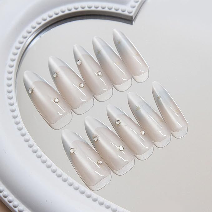 IMRAIN Press on Nails Long Stiletto Fake Nails Blue French Tips False Nails Aurora Laser Glossy Full Cover Artificial Natural Glue Stick on Nails 24Pcs