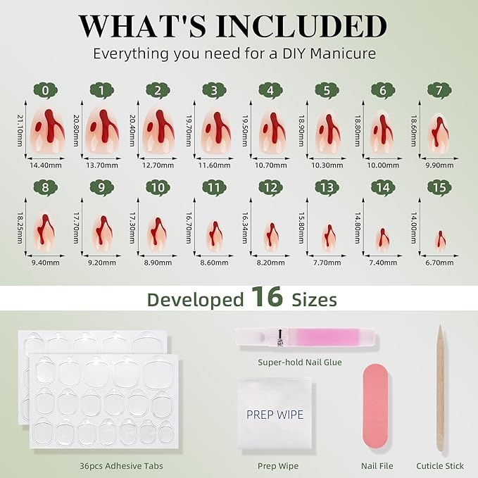 Press On Nails Short Almond Horror Fake Nails with Horror Design, Glue On Nails Reusable Stick On Nails in 16 Sizes, 32pcs False Nail Kit for Women & Girls