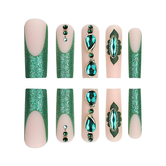 Long Press on Nails Square Green French Tip Nails Press ons with Glitter Rhinestones Flower Design Pearl Fake Nails Extre Long Acrylic False Nails Glossy Glue on Nails for Girls 24Pcs