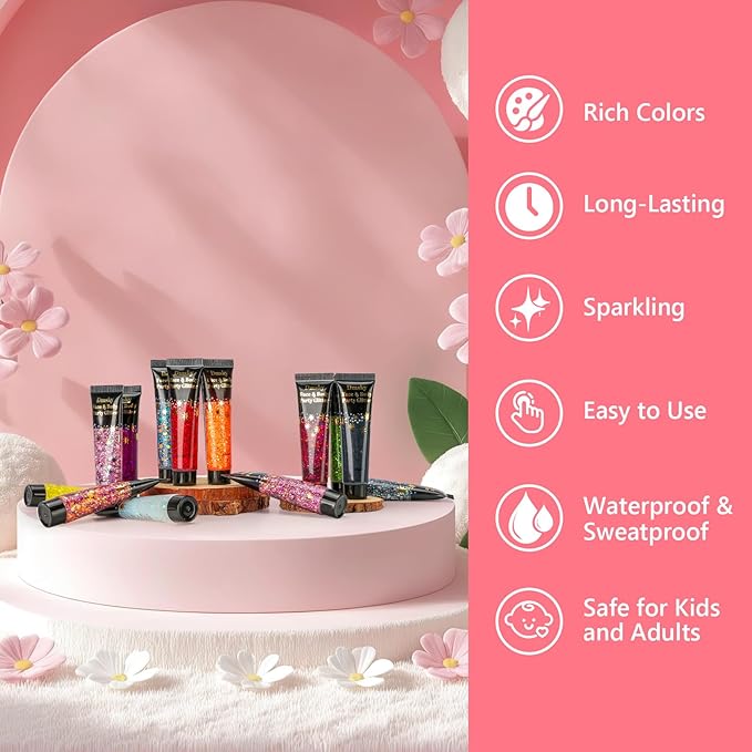 14 Colors Body Glitter,Face Glitter Makeup for Kids Women,Sparkly Chunky Hair Glitter for Eye Lip Nails,Mardi Gras Glitter Makeup Face Paint,Singer Concerts Disco Rave Festival Accessories-Hallowmas