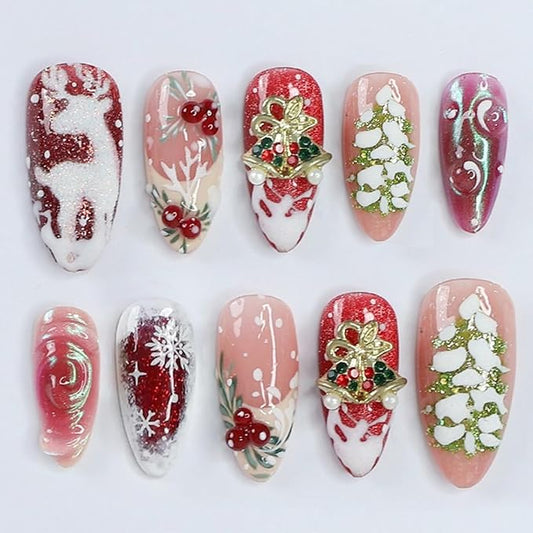 30Pcs Christmas Press on Nails Medium Almond Fake Nails with 3D Gold Bells Rhinestones Designs Holly Leaf French Tip Stick on Nails White Snowflake Reindeer Christmas Tree Winter False Nails for Women