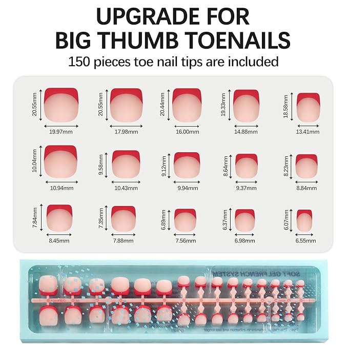 Vansiho Red French Tips Press on Toenails Short, Toenail Press on Square for Women, Soft Gel Fake Toenails, Acrylic Nails Soak off Toenail Home DIY 15 Sizes
