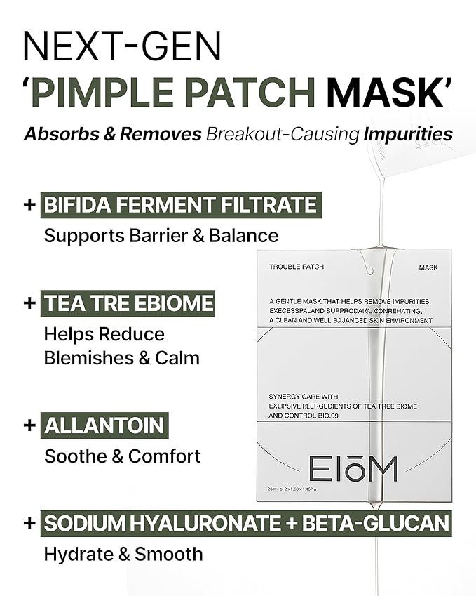 Trouble Patch Mask – Hydrating & Clarifying Korean Sheet Mask with Tea Tree Biome, Pore Vacuum Effect for Sebum & Oil Control, Calming Microbiome Skincare, Stocking Stuffer for Teens | 20ml x 4ea
