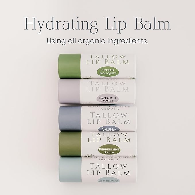 Organic Tallow Lip Balm (Citrus Bouquet) from 100% Grass Fed Cows. Super hydrating with Tallow, Olive Oil, Honey, and Beeswax. Sustainable Cardboard Tubes & Hand Filled. Jumbo Size 0.5 oz.