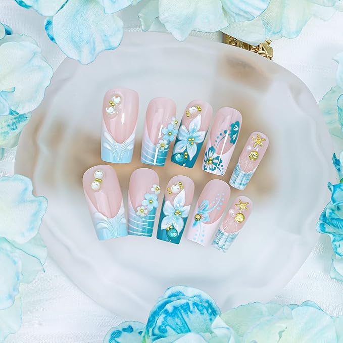 24Pcs French Tip Press on Nails Medium Square Fake Nails 3D Flower Starfish Rhinestones Gems Design Spring Summer Cute False Nails Blue Cyan Hibiscus Flower Acrylic Nails for Women French Manicure