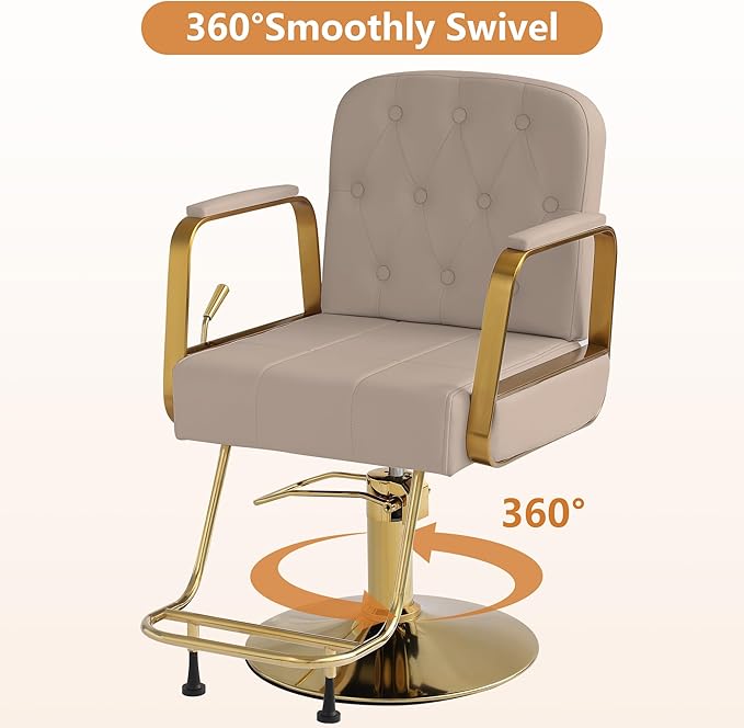 Barber Salon Chair for Hair Sylist, Hydraulic Salon Chairs, Height Adjustable Barber Chairs, Reclining Barber Styling Chairs, 360 Degrees Rotation Shampoo Chair for Barbershop (Grey-Golden)