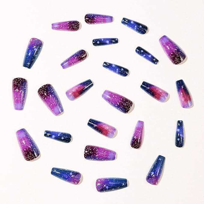 Coffin Press on Nails for Women Fake Nails Starlit Sky Nail Press ons Purple Dark Blue Acrylic Glue on Nails Medium with Star Gradient Designs Glossy Stick on Nails 24Pcs Artificial Girls Art Manicure