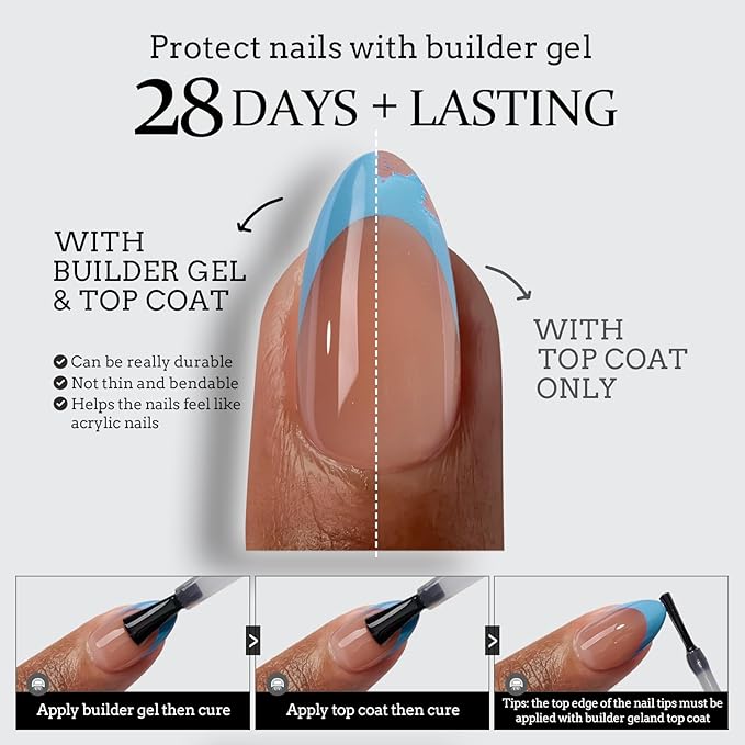 BTArtboxnails XCOATTIPS French Tip Press On Nails - Blue Press On Nails Long, Square Fake Nail Tips, 150Pcs Soak Off Soft Gel Acrylic Brown Nail Extension in 15 Sizes