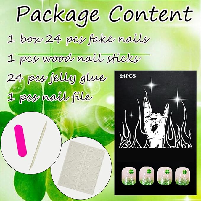 24Pcs St. Patrick's Day Fake Nails French Tip Press on Nails Short Square False Nails Shamrock Glue on Nails with Green Glitter Nails Tip Design Four Leaf Clover Acrylic Nails for Irish Women Manicure