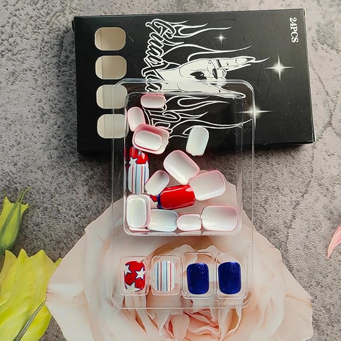 24Pcs Independence Day Press on Nails Short Fake Nails Star Full Cover Glue on Nails Patriotic False Nails Red Blue Stripes Square Artificial Stick on Nails for Women DIY 4th of July Acrylic Nails