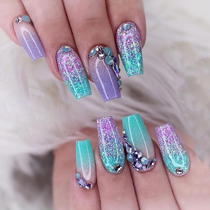 Coffin Press on Nails Short Fake Nails with Glitter Sequins Rhinestones Designs Gradient Nails Press ons Glossy Glue on Nails Blue Acrylic Nails Green False Nails Nude Stick on Nails for Women 24Pcs