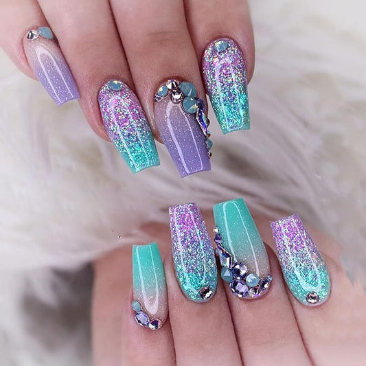 Coffin Press on Nails Short Fake Nails with Glitter Sequins Rhinestones Designs Gradient Nails Press ons Glossy Glue on Nails Blue Acrylic Nails Green False Nails Nude Stick on Nails for Women 24Pcs