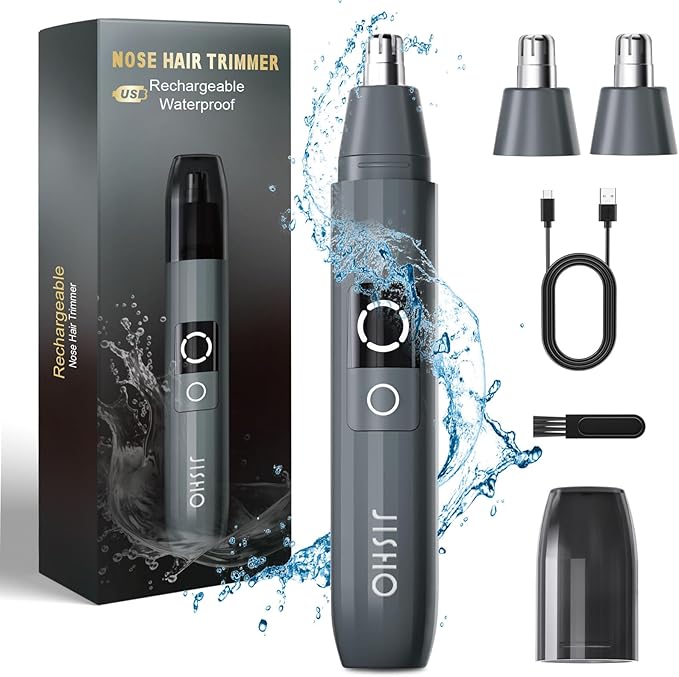 JISHO Rechargeable Ear and Nose Hair Trimmer for Men Women-12000 RPM Powerful Motor with Dual Edge Blades, Waterproof, USB Type-C, Easy to Clean Travel Size (2 Refills)