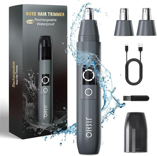 JISHO Rechargeable Ear and Nose Hair Trimmer for Men Women-12000 RPM Powerful Motor with Dual Edge Blades, Waterproof, USB Type-C, Easy to Clean Travel Size (2 Refills)