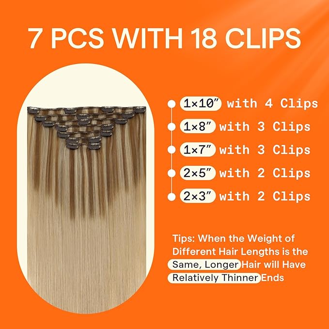Full Shine Clip in Hair Extensions Human Hair Balayage Blonde Clip in Human Hair Extensions Golden Brown Balayage Dirty Blonde Double Weft Clip ins 18 Inch 7 Pcs 120 G