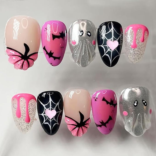 24pcs Halloween Press on Nails Short Almond Fake Nails with 3D Pumpkin Pink Heart Designs Cute Ghost False Nails Bat Spider Web Acrylic Nails Kit Full Cover Glue on Nail for Women Nail Decoration