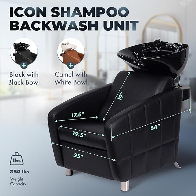 Buy-Rite Icon Shampoo Backwash Unit for Salons & Barbershops, Wide Seat with Lumbar Support, Modern Quilted Vinyl Design, Tilting Porcelain Bowl with Dual Nozzle & Built-In Vacuum Breaker - YLG-192-BW