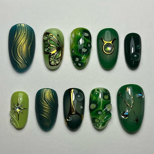 30Pcs Green Press on Nails Oval Almond Fake Nails Gold Butterfly Full Cover Nail Tips with Rhinestone Starlight Design Handmade False Fingernails Artificial Nails Cute Stick on Nails for Women DIY