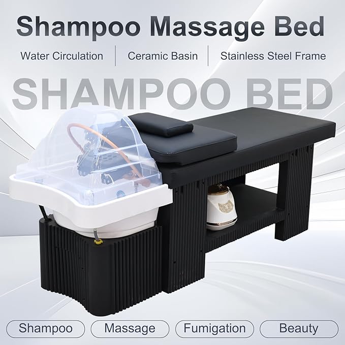 Japanese Head Spa Bed, Professional Head Spa Equipment with Foot Bath Basin, Fumigation, Waterfall Shampoo MassageTable for Spa Beauty Salon Barber