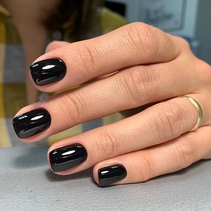 Modelones 32Pcs Black Press on Nails, Christmas Short Square Fake Nails, Reusable Nail Kit with Nail Glue Adhesive Tabs Mini Nail File, Nails Press Ons 16 Sizes