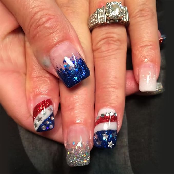 24Pcs 4th of July Press on Nails Short Square Fake Nails Silver French Tip False Nails with American Flag Design Glossy Full Cover Artificial Glue on Nails Independence Day Stick on Nails for Women
