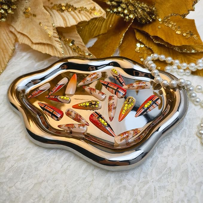 24Pcs Fall Press on Nails with Sparkly Rhinestones Gem Designs Elegant Fake Nails Long Almond Stripe Maple Leaves Acrylic False Nails Full Cover Autumn Glue On Nail for Women Fall Manicure Tips