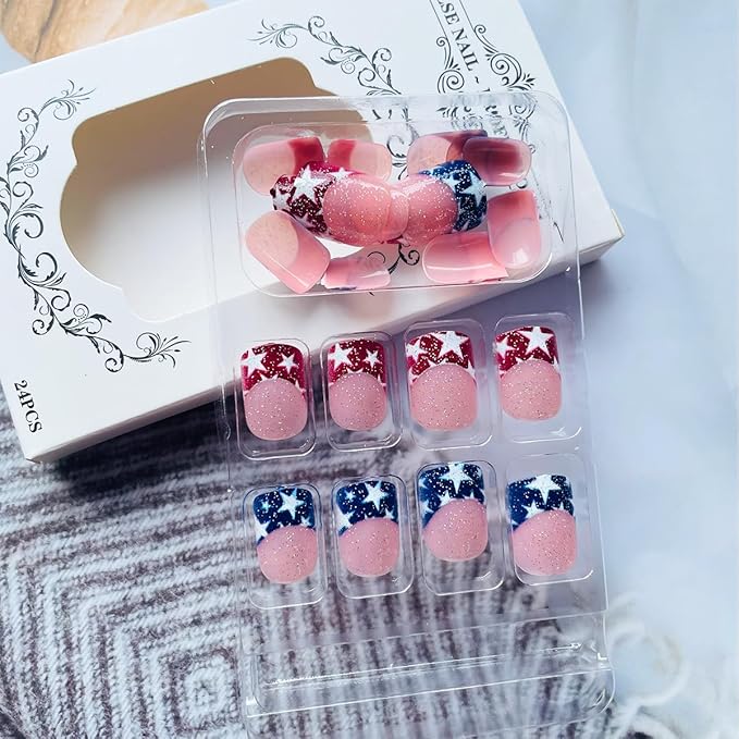 4th of July Press on Nails Short Square Independence Day Fake Nails Red Blue French Tip Glue on Nails with Glitter Star Designs Full Cover Acrylic Stick on Artificial False Nails for Women Girls 24Pcs