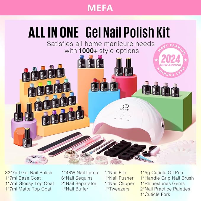 MEFA 56 Pcs Gel Nail Polish Kit with U V Light, 32 Colors Bright Neon Spring Summer Fall Pink Gel Polish Nail Set Essential Manicure Tools Nails Decorations Gifts for Women