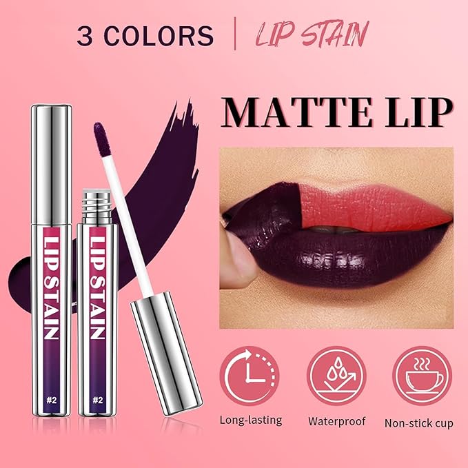 3 Pcs Peel Off Lip Stain Lip Tint Set, Lip Stain Peel Off Matte Lip Liner, Long-Lasting Lip Tint Stain Peel Off Lip Gloss, Waterproof Non-stick Cup Peel Off Lipstick Lip Stains for Women