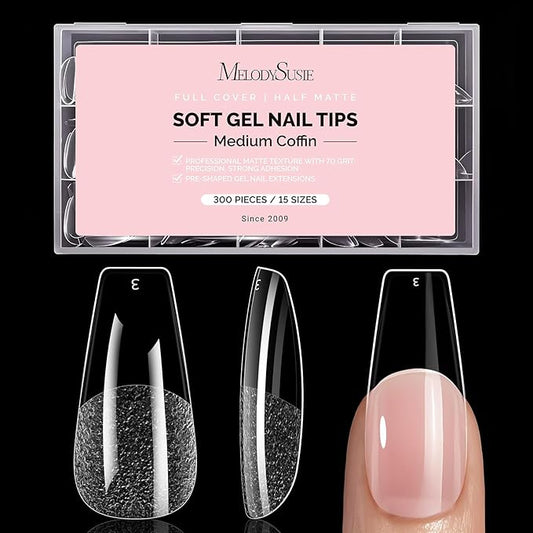 MelodySusie Medium Coffin X Nail Tips - 300Pcs Clear Acrylic, Half Matte Full Cover Press on Nails for DIY Extension & Salon Use,15 Sizes Pre-Shaped for Long-Lasting Manicure
