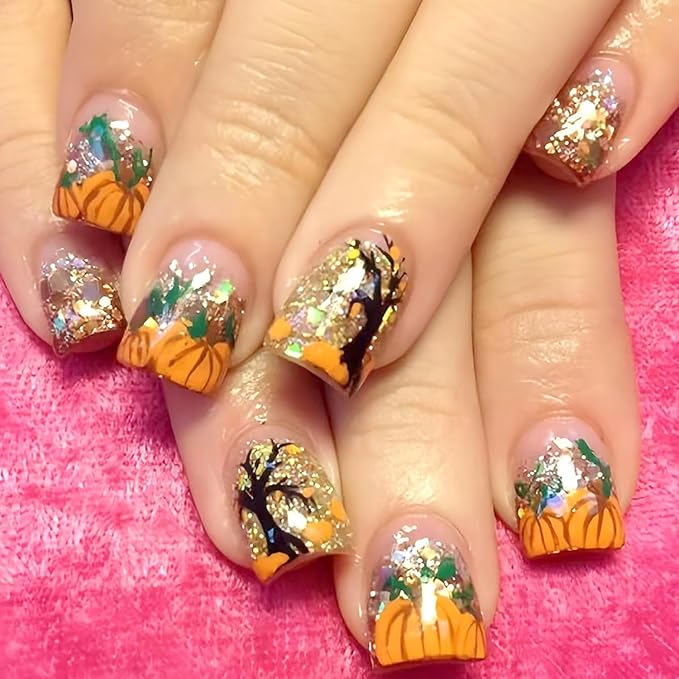 24Pcs Thanksgiving Press on Nails Short Square Fake Nails with Glitter Full Cover Fall Acrylic Nail Halloween Dead Tree Pumpkin False Nail Autumn Leaves Stick on Nails for Women Nail Art Designs