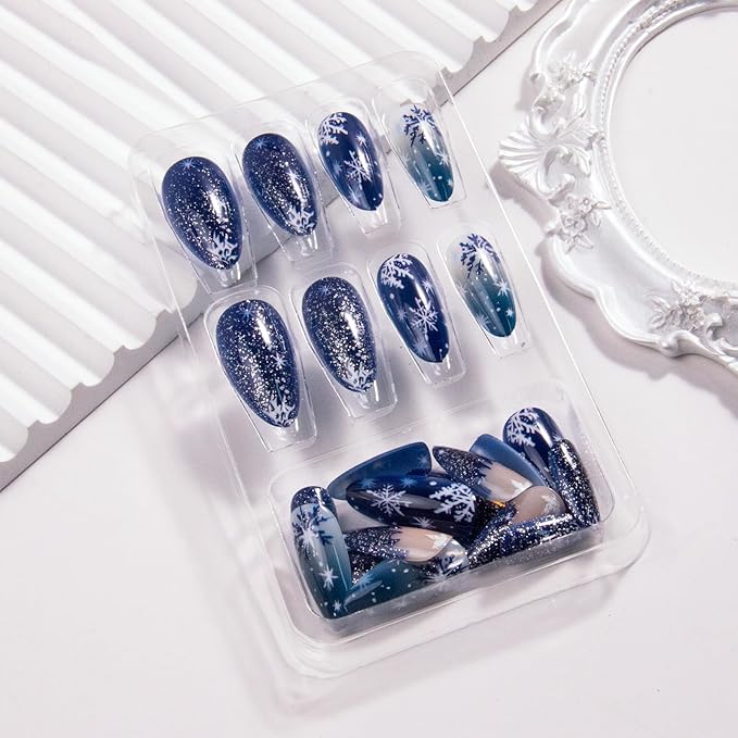 Almond Press on Nails Medium Snowflake Fake Nails Winter Blue False Nails Ombre Glitter Acrylic Nails Reusable Christmas Artificial Nail Full Cover Stick on Nail for Women Girls Manicure 24Pcs