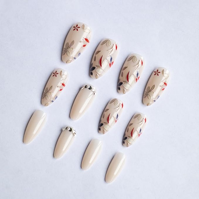Almond Press on Nails Medium Flowers Fake Nails Glossy Nude False Nails with Floral Acrylic Nails Rhinestone Artificial Nails for Women Girls Nails Decoration 24Pcs