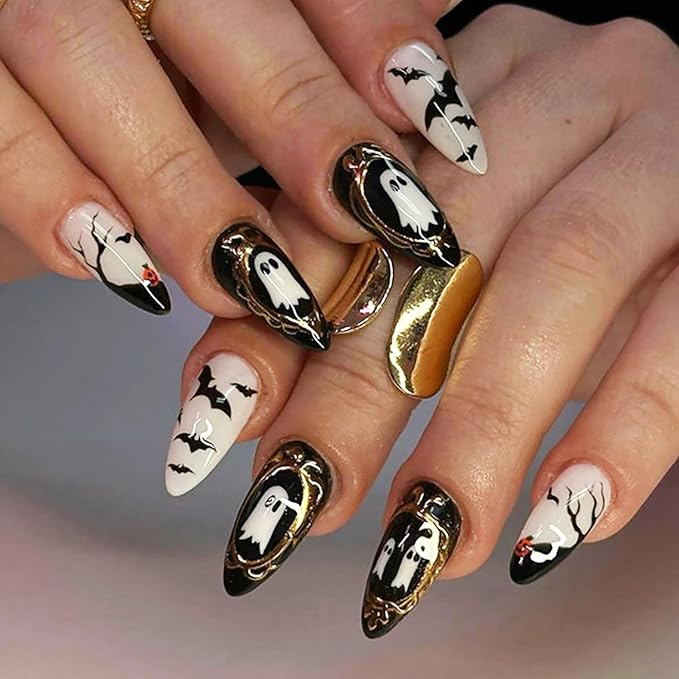 24Pcs Halloween Press on Nails Medium Almond Fake Nails Horror Bat Acrylic Nails with Glossy Scary Pumpkin Ghost Stick on Nails Full Cover Holiday False Nail Tips for Women Manicure Nail Decoration
