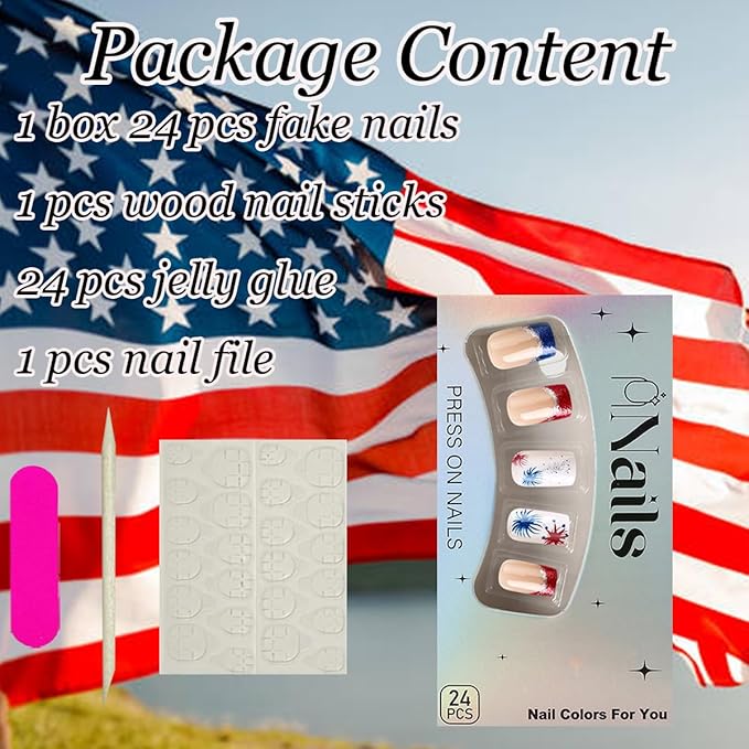 24Pcs Independence Day Press on Nails Medium French Tip Fake Nails Glitter Firework Full Cover Square Glue on Nails 4th of July Acrylic Nails Patriotic False Nails French Artificial Stick on Nails