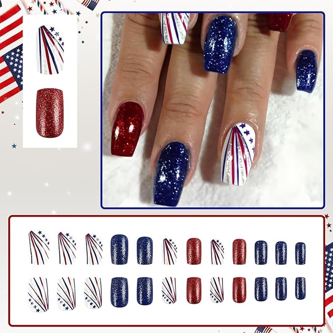 24Pcs Independence Day Press on Nails Medium Square Fake Nails Red Blue Glitter Full Cover False Nails Patriotic Artificial Glue on Nails 4th of July Acrylic Nails Stripe Star Stick on Nails for Women