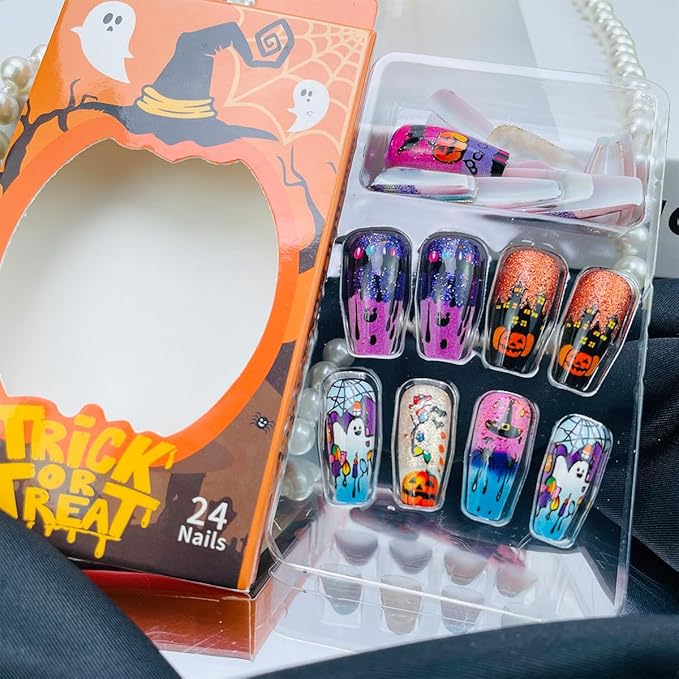 24Pcs Halloween Press on Nails Long Coffin False Nails with Ghost Pumpkin Design Acrylic Glue on Nails Black Cat Bat Halloween Fake Nails Glossy Glitter Holiday Stick on Nails for Women DIY Nail Salon