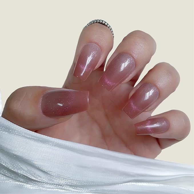 Mauve Pink Press On Nails Coffin Medium – 24pcs Cat Eye French Fake Nails with Nail Glue, Adhesive Tabs & Tools – Soft Fit Back, Durable Tip, Reusable Glossy Stick On Nails for Women