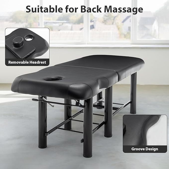 Professioanl Massage Table w/Adjustable Backrest for Treatment Table Spa Facial Bed Barber Beauty Equipment, Metal Frame PU Leather, Removable Headrest Salon Bed, Black