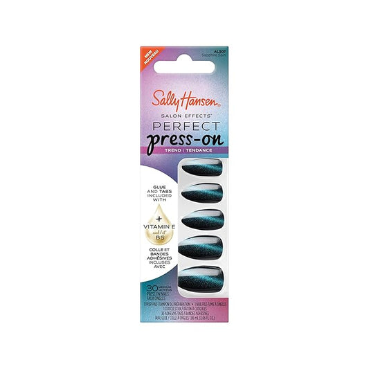 Sally Hansen Salon Effects Perfect Press-On Nails | Almond Shape | Easy to Apply, Non-Damaging | 30 Nails, Nail Glue, Adhesive Tabs, File | Sapphire Spin