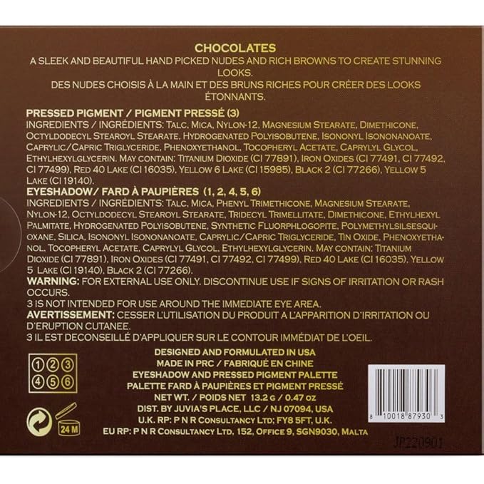 Juvia's Place Palette The Chocolates - Tan, Auburn, Shades of 6, Rich Dark Chocolate Palette, Professional Eye Makeup, Pigmented Palette, Makeup Palette for Eye Color & Shine