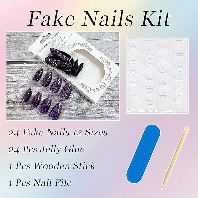 24Pcs Purple Press on Nails Medium Almond Fake Nails with 3D Butterfly Wings Water Drop Designs Stick on Nails Glitter False Nails Full Cover Cool Acrylic Nails Black Purple Glue on Nails for Women