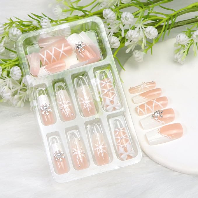 White French Tip Press on Nails Medium Square Fake Nails with 3D Bow Snowflake Charm Designs Gradient Nails Press ons Winter Acrylic Nails for Women 24Pcs