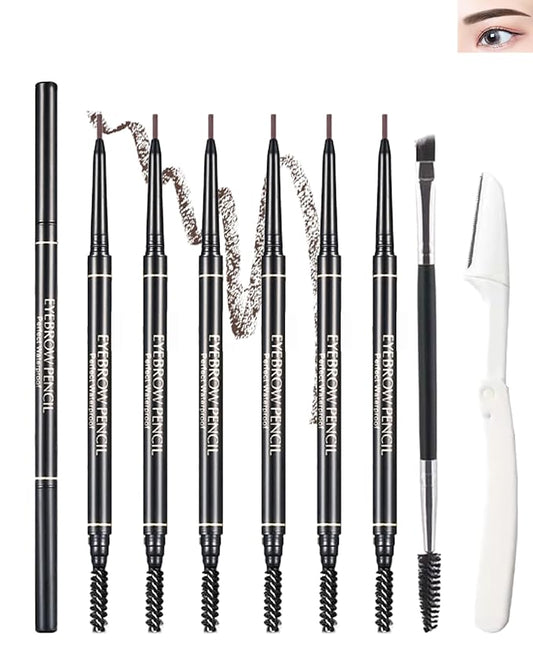 6 Pcs Waterproof Eyebrow Pencil Brown Set,Ultra Fine Professional Eyebrow Retractable Pencil Long Lasting Tinted Micro Brow Pen,Defines,Fills for Perfect&Tiny Brows Women Eye Makeup Gel Pencil-03