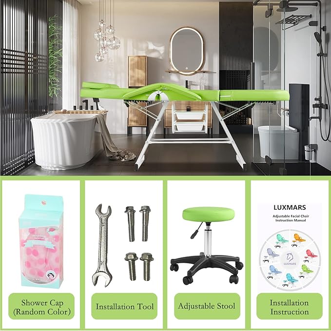 Facial Chair Tattoo Chair Massage Table 73 Inch Spa Salon Facial Bed Adjustable Spa Bed Professional Facial Beauty Spa Salon Equipment with Spa Stool Green