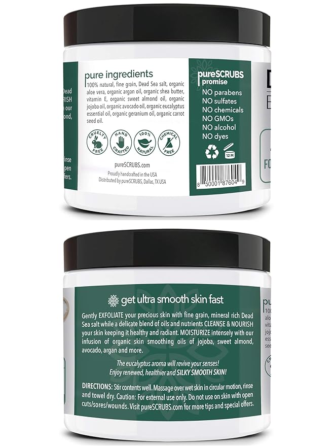 pureSCRUBS Premium Eucalyptus Body Scrub Set - Large 16oz Dead Sea Salt Body Scrub With Infused Essential Oils & Nutrients, Includes Wooden Spoon, Loofah & Oatmeal Exfoliating Bar Soap