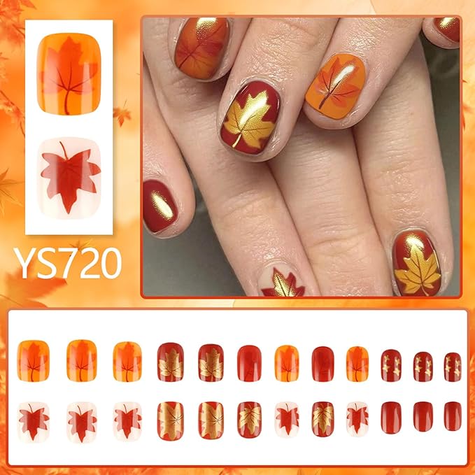 Fall Maple Leaf Press on Nails 24Pcs Red Maples Fake Nails Golden Autumn Leaves Stick on Nail Thanksgiving Artificial Nails Short Square Glossy Acrylic False Nails Gel Glue on Nail for Women