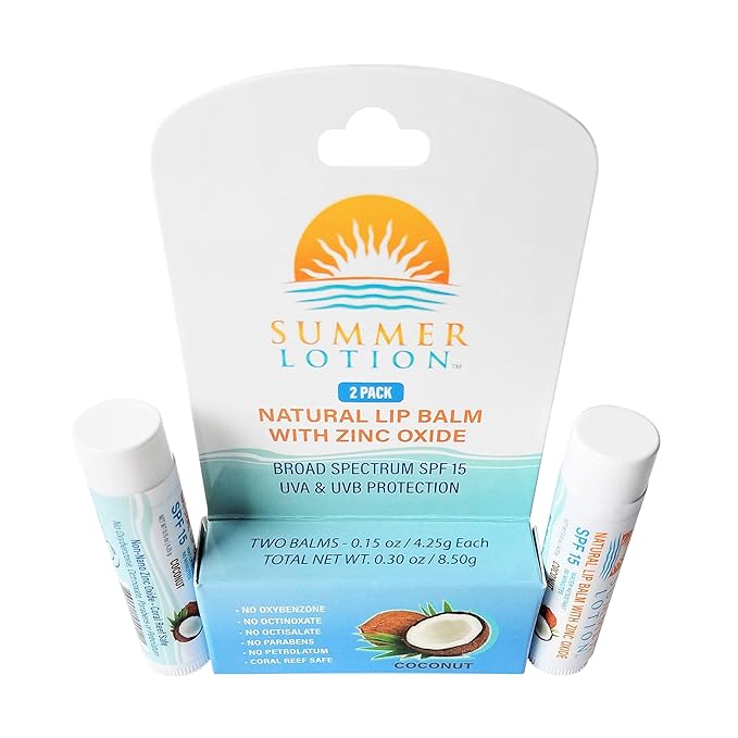 Natural Lip Balm with Zinc Oxide Sunblock by Summer Lotion, SPF 15 Lip Sunscreen 2-Pack, Water Resistant Chapstick, SPF Lip Protection for Everyone, (Coconut)